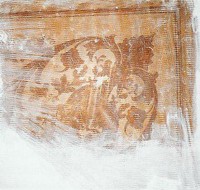 Freilegung bei Renovierung 1997: Detail von der Decke des unteren Salons, Holzintarsien nachahmende Malerei